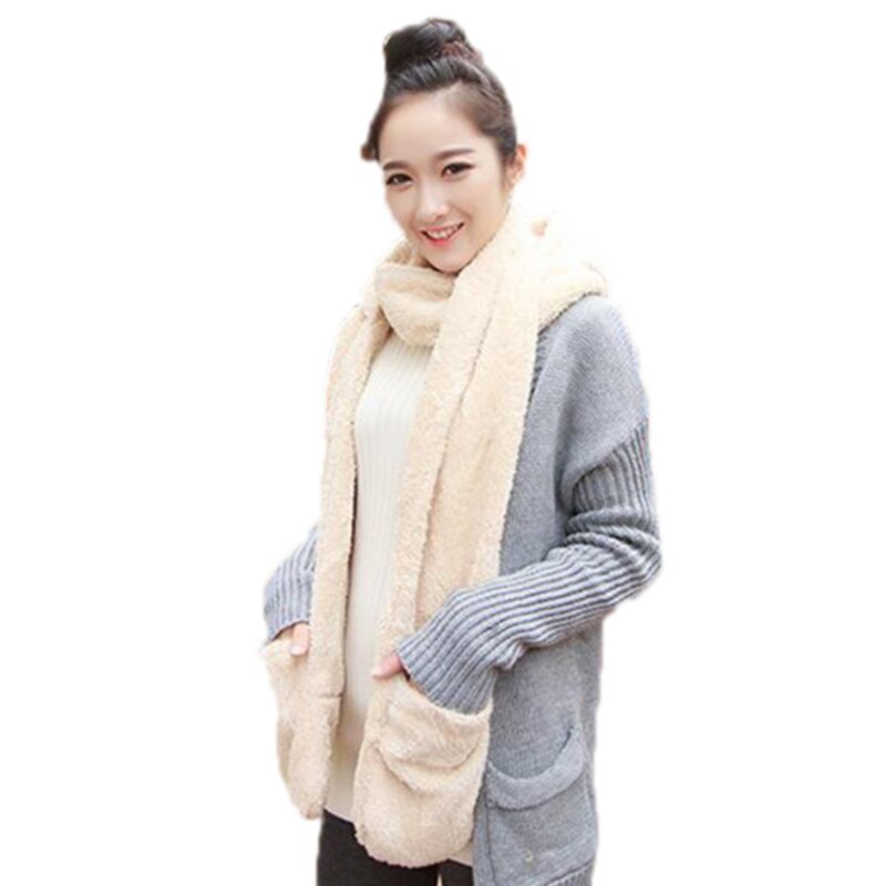 3 en 1 femmes hiver doux capuche écharpe Snood poche chapeaux gants à capuche Srarves écharpe chapeau gant 3 pièces ensembles: beige