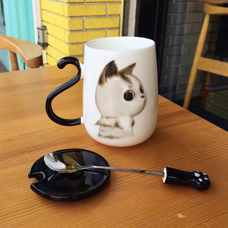 Cute Big 450ML Cat Pattern Ceramic Coffee Mug With Spoon And Cover Healthy Office And Home Use Cat Coffee Mug