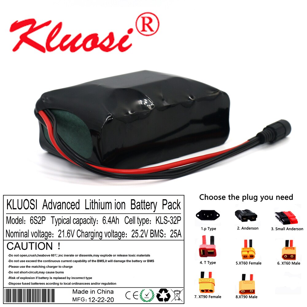 KLUOSI 6S2P 24V 6.4Ah 21.6V 6Ah 25.2V Lithium Battery Pack for Electric Bicycle Ebike Scooter Wheelchair Cropper with 25A BMS