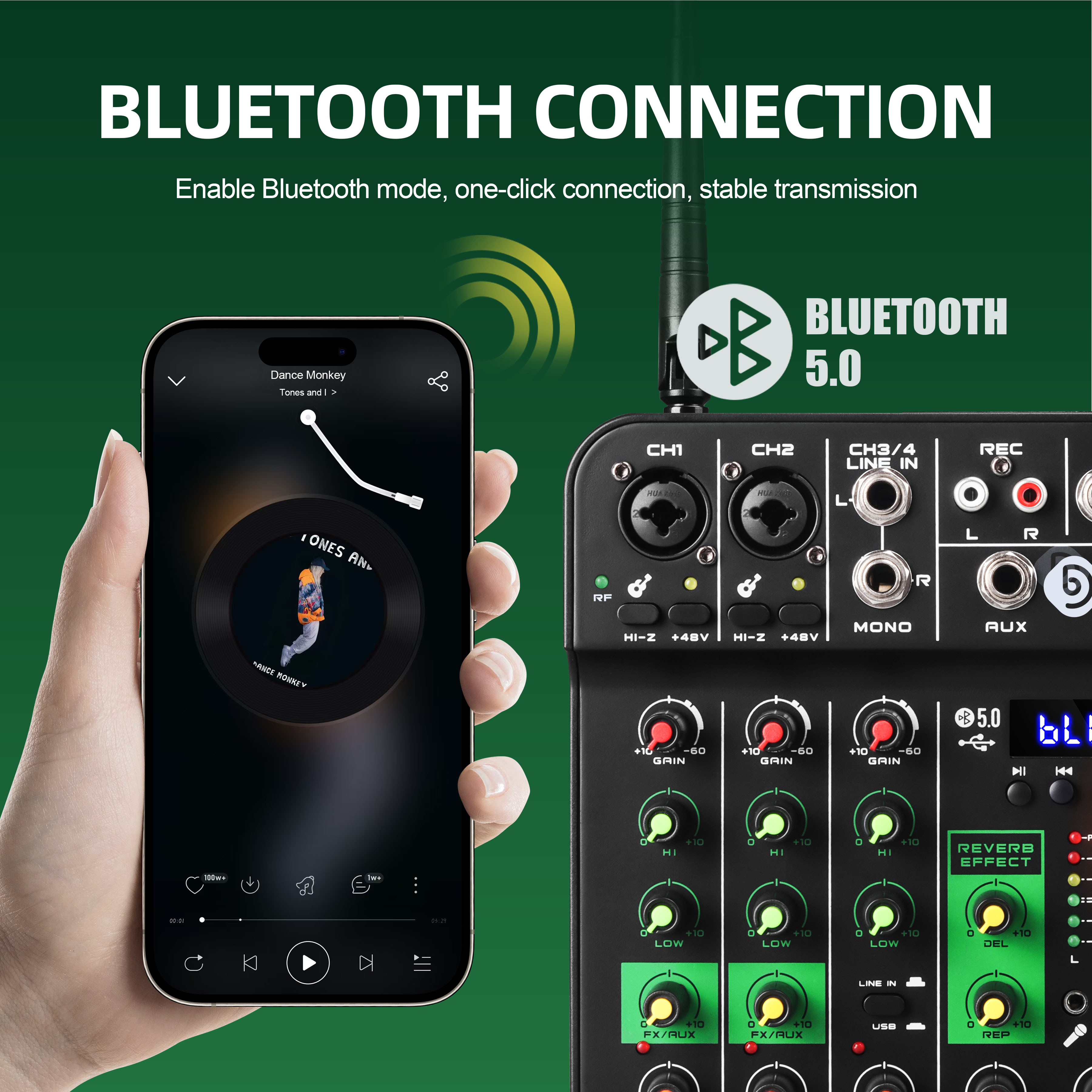 Debra UHF Wireless Microphone 4 Channels Audio Mixer Audio Interface Mixing Console Bluetooth Record PC Delay Repaeat Effect