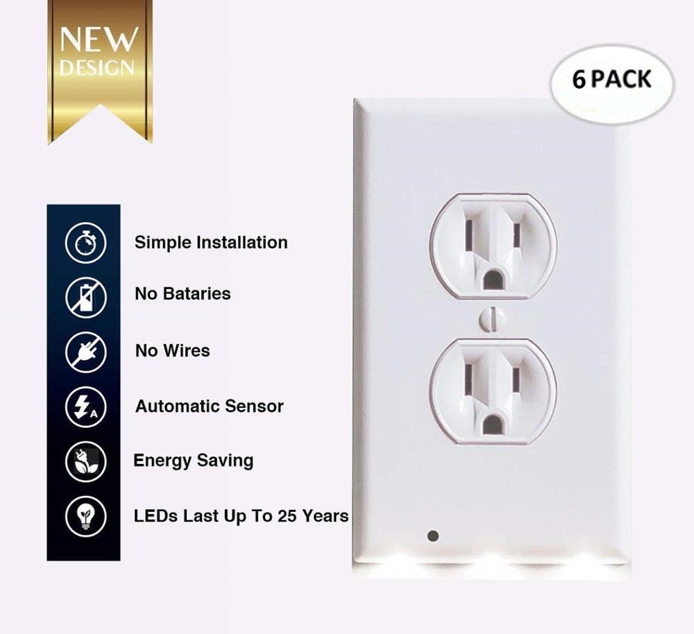 6Pack Wall Outlet Plate LED Night Light Illuminated Plug Cover With Sensor Inductive Guidelight Easy Snap On No Wire Or Battery