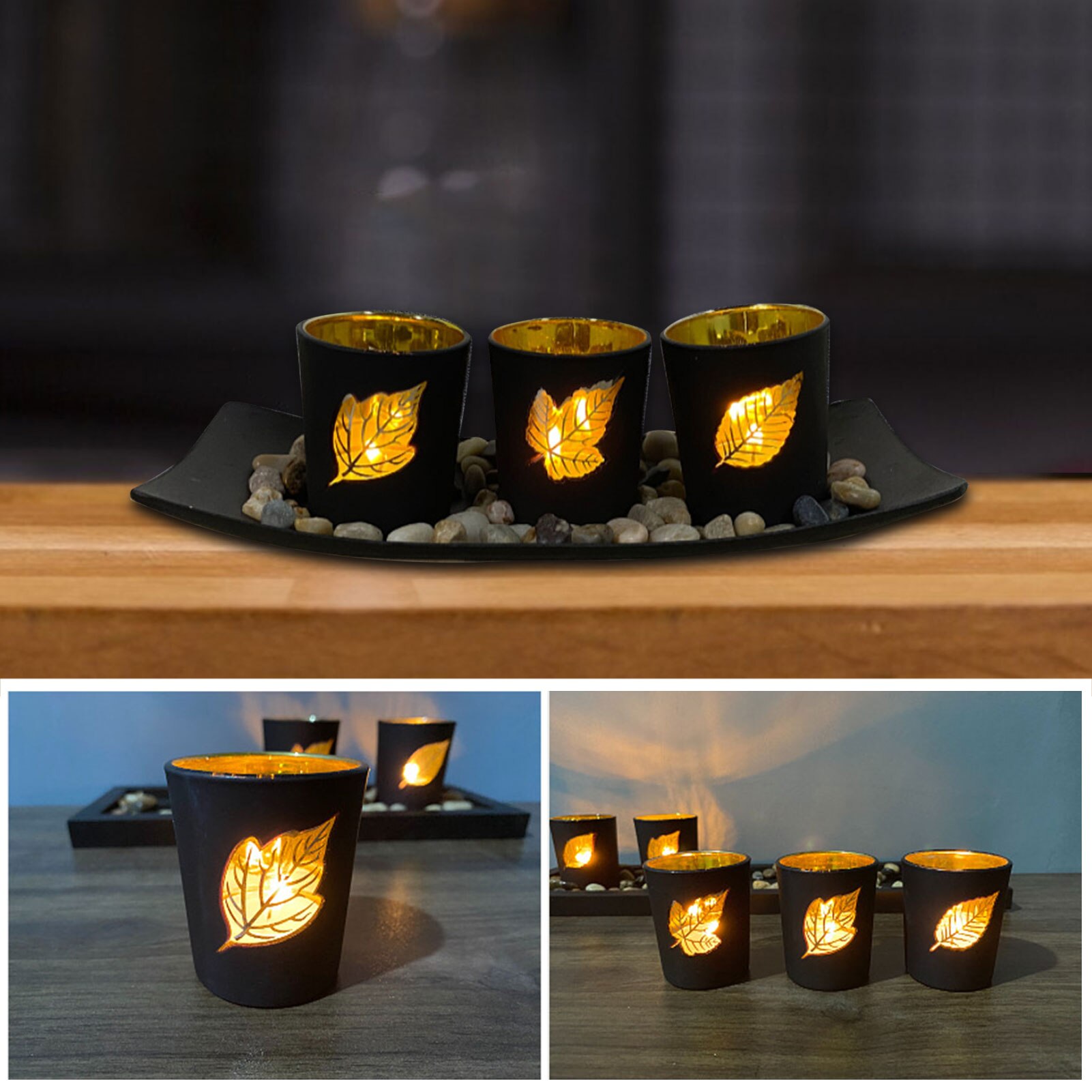 Kandelaars Set Sier Stenen Houten Dienblad Kandelaar Decoratieve Hollow Leaf Led Elektronische Kaarshouder