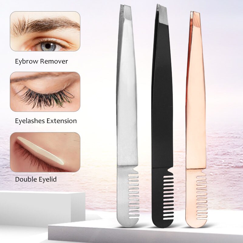 Eyebrow Tweezer With Comb Double Use Stainless Steel Brush Slant Metal Eyelash Extension Nipper For Hair Removal Face Beauty