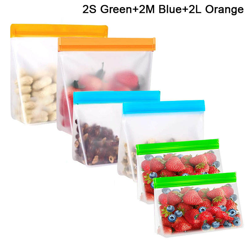 3 Sizes Reusable Stand Up Food Storage Bag Set Leakproof Freezer Food Sealing Bag Kitchen Organizer Fresh Shut Bags BPA Free: 6Pcs