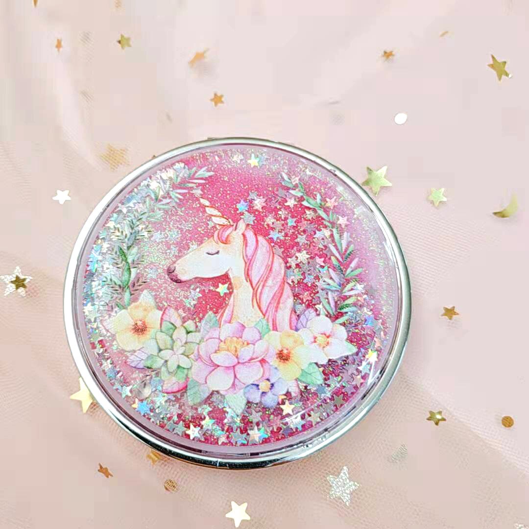Mini Unicorn Makeup Mirror Compact Pocket Mirror Portable Double-Sided Folding Cosmetic Mirror With flowing sparkling sand: A