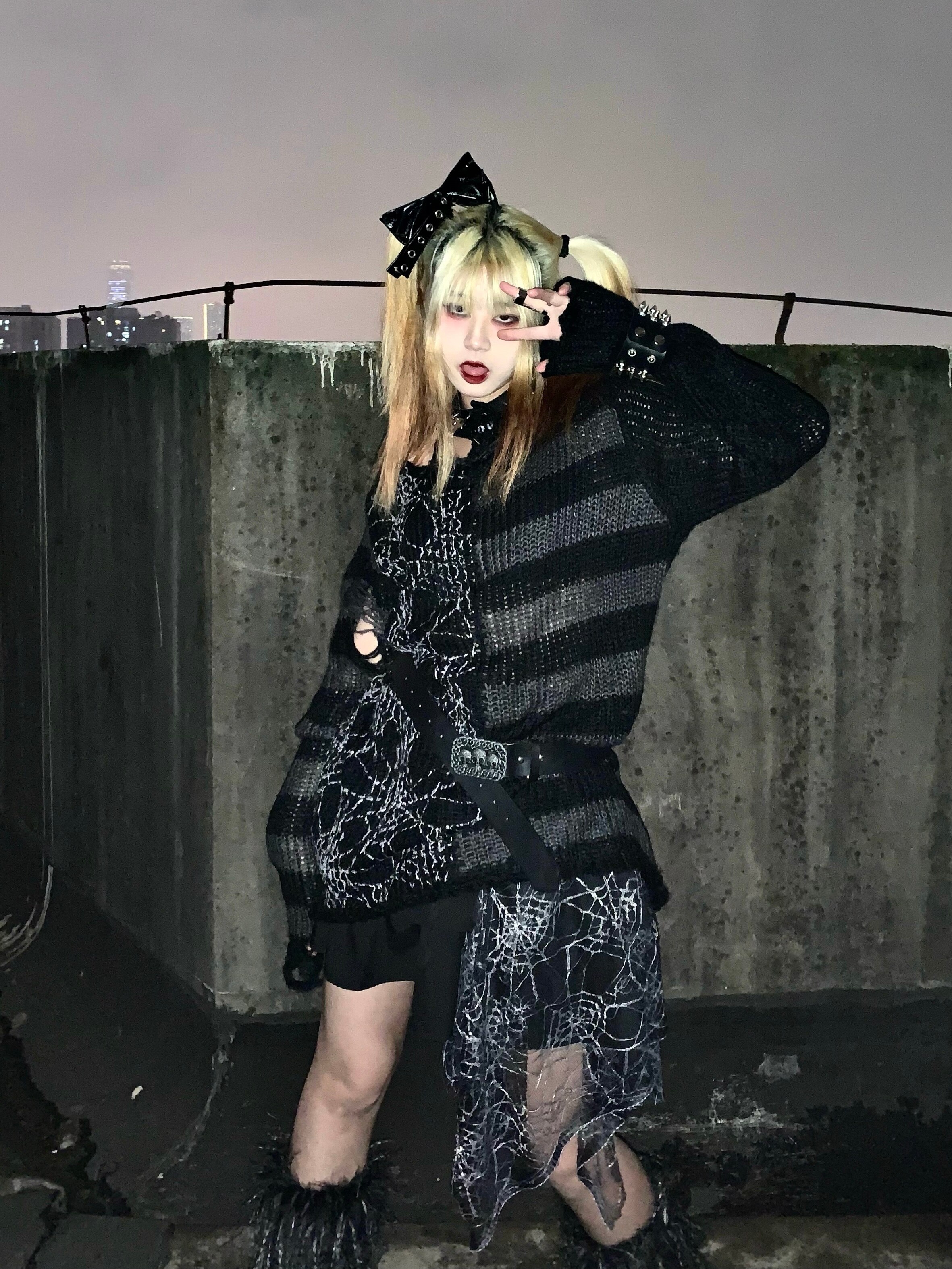 Gothic Punk Spider Patchwork Gestreepte Gebreide Trui Streetwear Lente Herfst Vrouwen Kleding: Donkergrijs