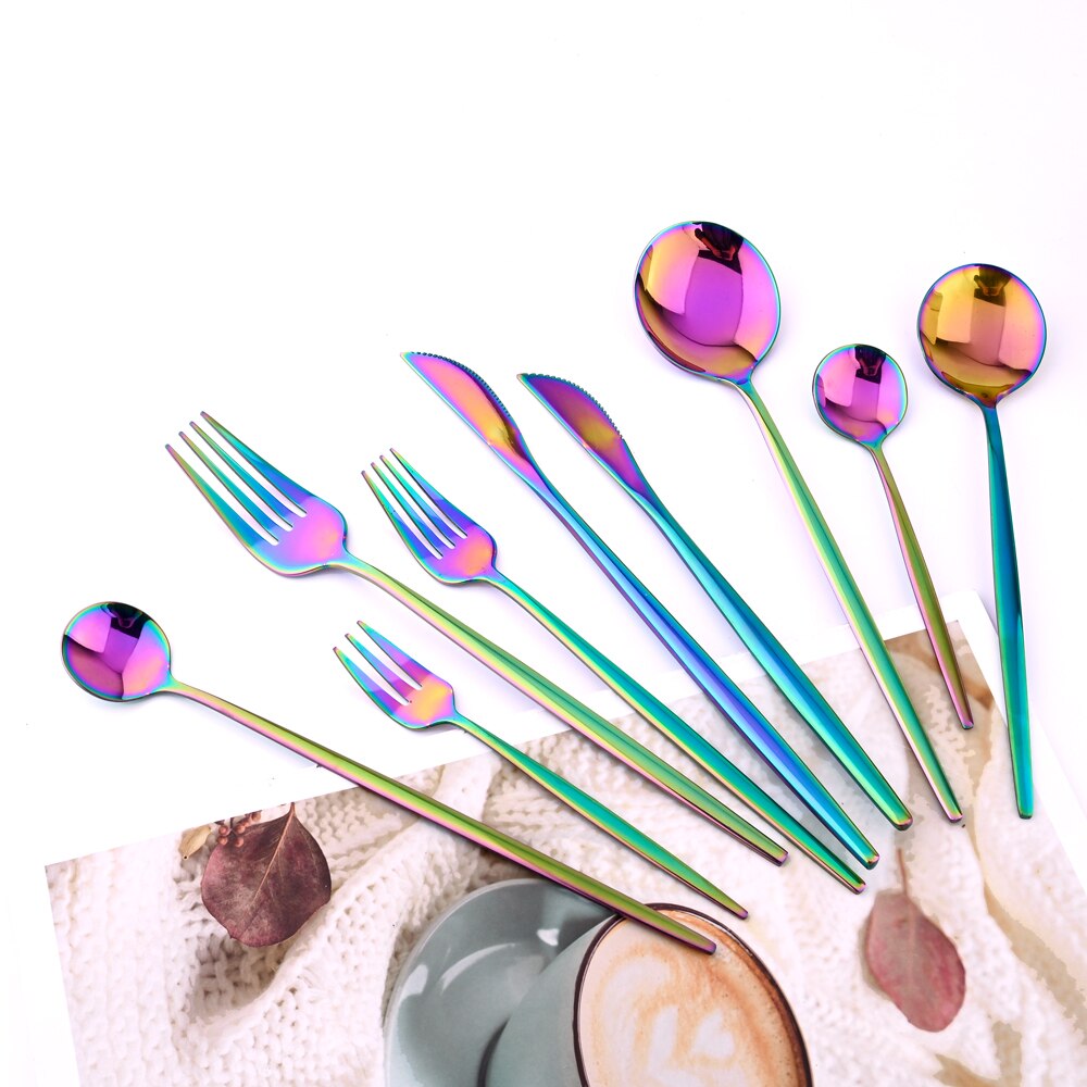 1pcs Flatwar Fork Knife Spoon Set Cutlery Tableware Dinning Rainbow Table Steel Kitchen Complete Dinner Set for