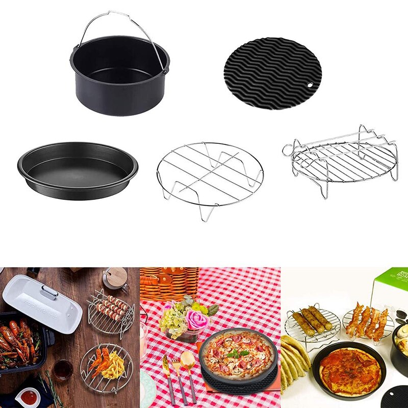 1Set Friteuse à Air Accessoires 18CM Plat a Pizza Gâteau Baril Friteuse à Air avec Coussin Isolant Accessoires De Cuisine