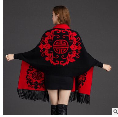de para mujer Otoño Invierno Warmv patrón de flores Slit mezcla de lana a cuadros manta capa de Poncho abrigo chales con borlas bufanda