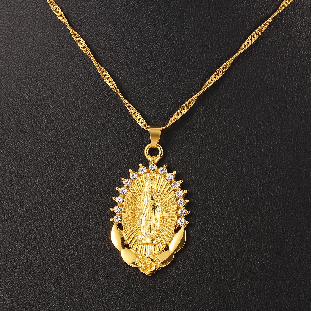 Collar de religión virgen maría para mujer, colgante de cristal brillante, amuleto protector, joyería femenina, virgen de guadalupe