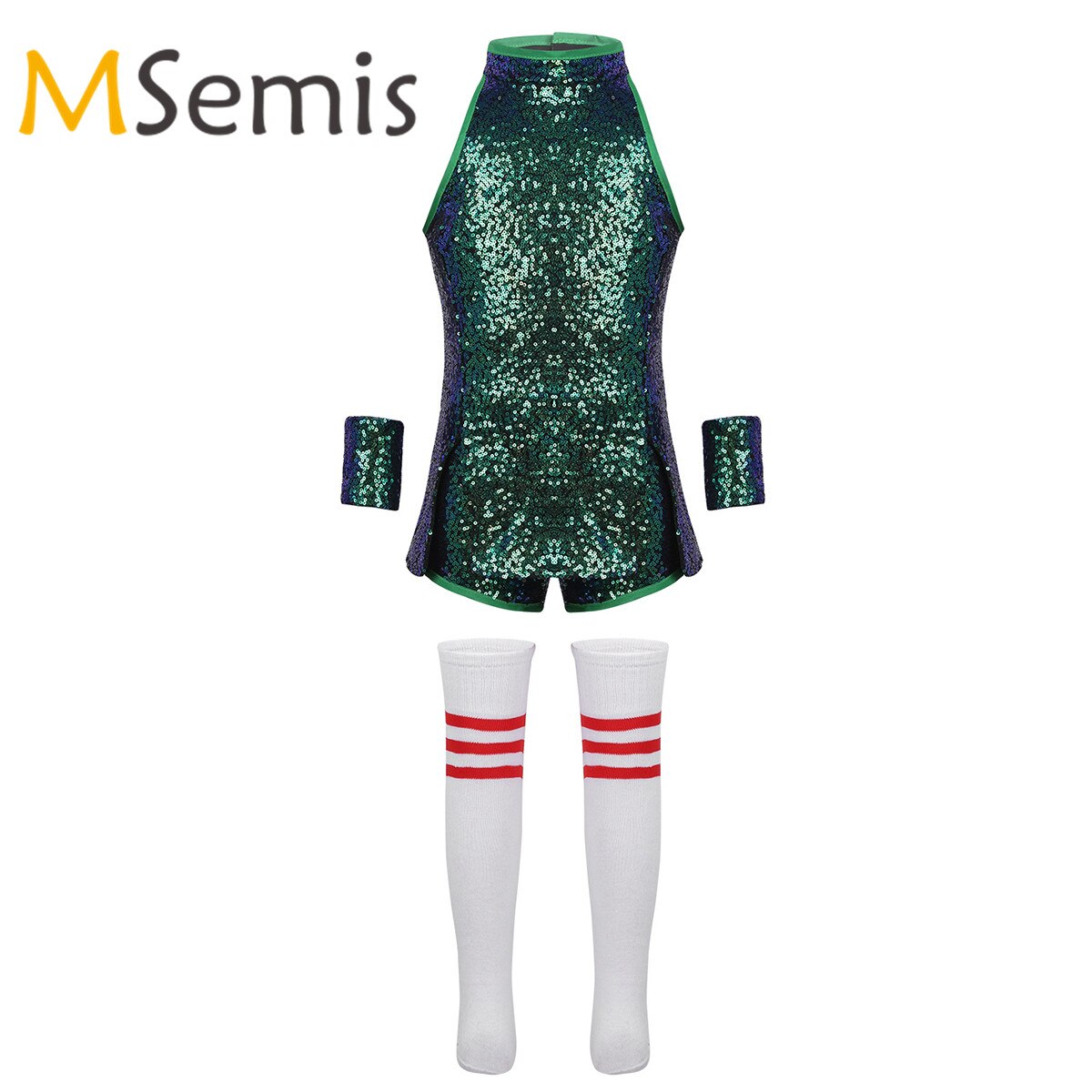 Ragazze dei capretti Cheerlearleading Costumi Shiny Paillettes Magliette E Camicette con Shorts Da Polso-Maniche A Righe e Calzini E Calzettoni Set Cheerleader Vestiti