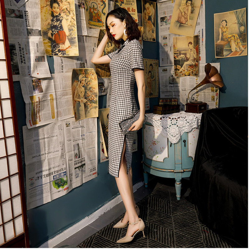 Qipao chino a cuadros blanco y negro, vestido de algodón hasta la rodilla, Cheongsam, disfraz de estilo universitario chino, vestidos de mujer Vintage Qipao