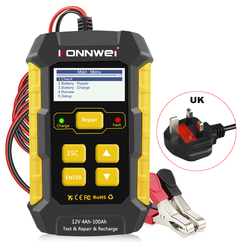KONNWEI KW510 Car Battery Tester Charger Analyzer Battery Charger 12v Wet Dry Lead Acid Battery Automatic Car Diagnostic Tool: KW510 UK plug