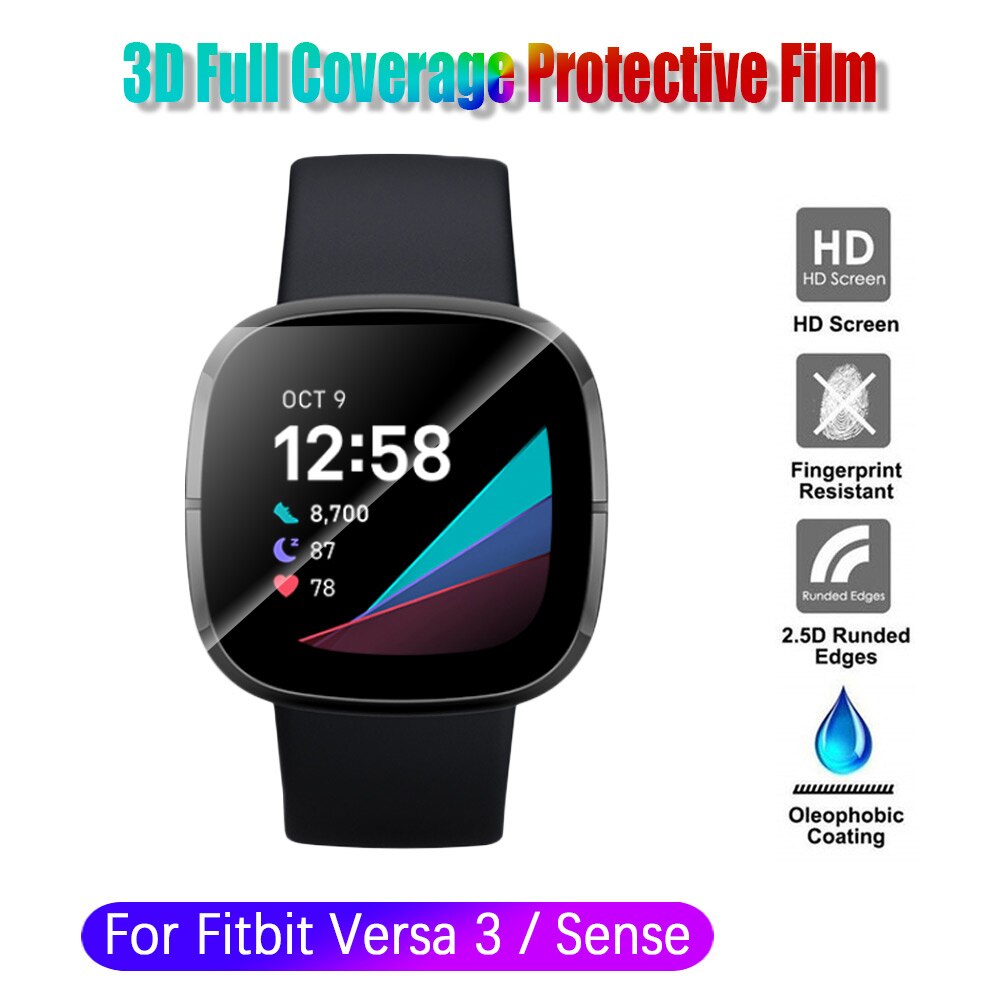 Película protectora 3D de cobertura completa para Fitbit Versa 2 3 Sense, Protector de pantalla de reloj inteligente, cristal de fibra suave transparente HD, 1 ud.