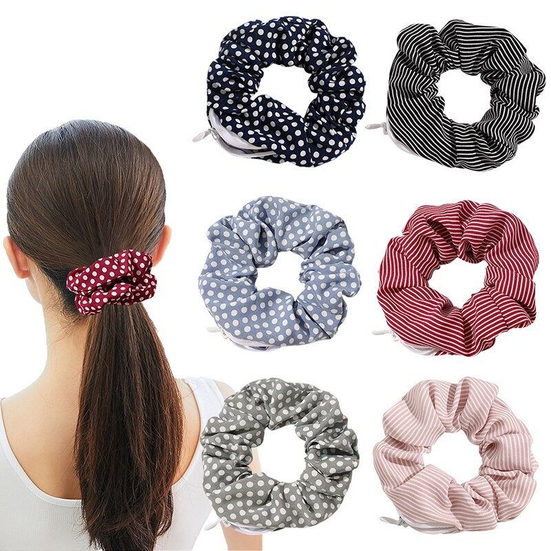 Zip Scrunchies Korea Dot Hairbands Leopard Hair Ties Pocket Scrunche With Zipper Ponytail Holders Hair Accessories