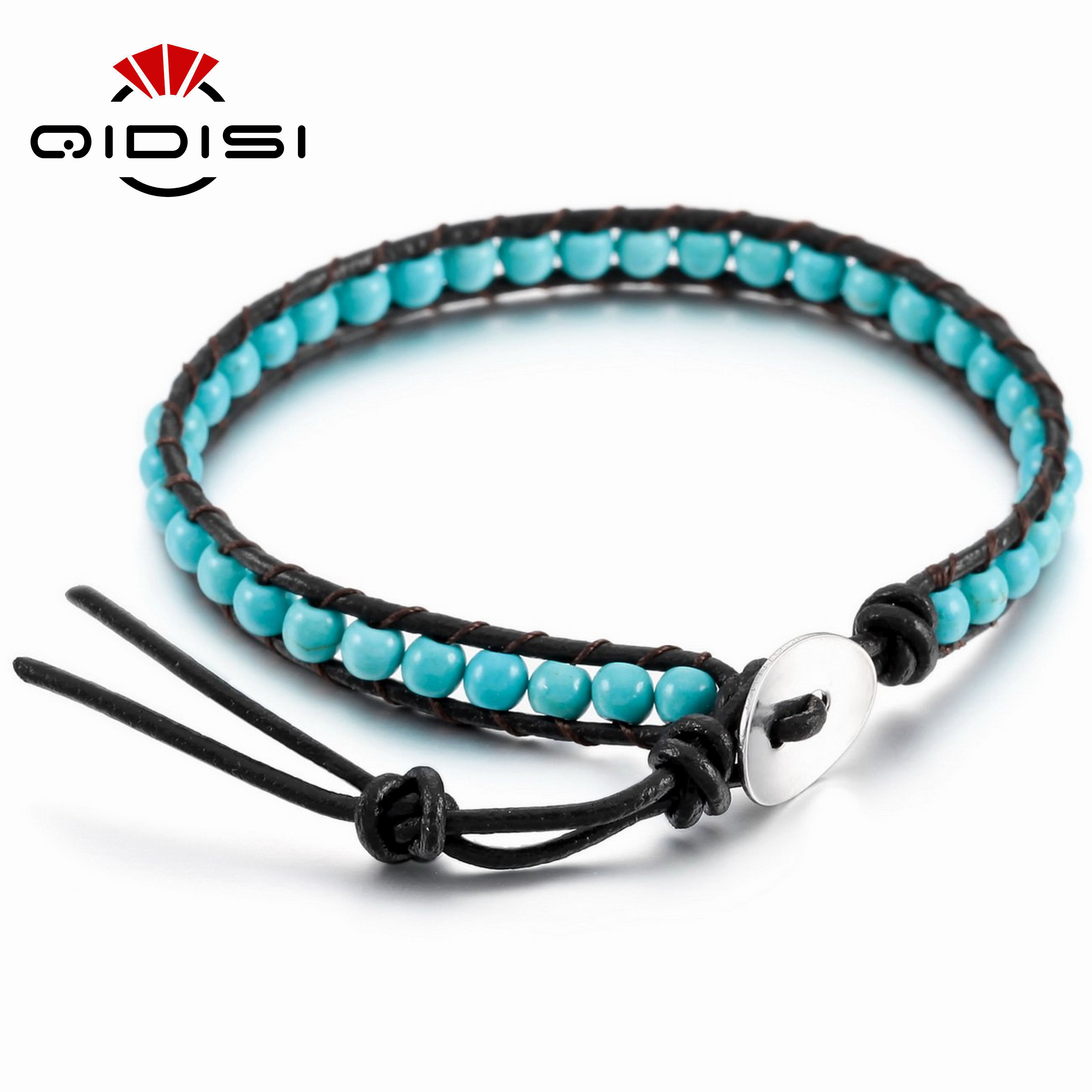 Vintage Leather Bracelets 4MM Matte Stone 1 Strands Wrap Bracelets Woven Multilayer Boho Bangles Handmade Jewelry: Blue