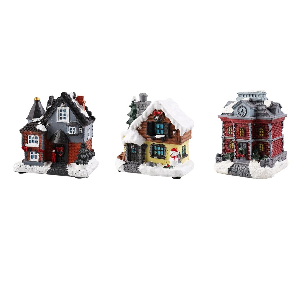3Pieces LED Light Up Christmas House Village Home Desktop Decor Statue House Tree Display Platform Rustic Snow Country Xmas
