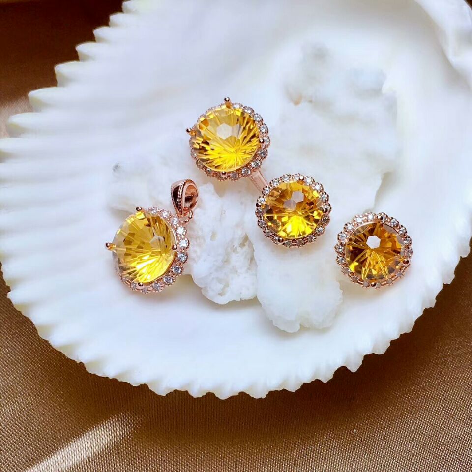 Meibapj fyrværkeri naturlige citrin smykker sæt 925 sølv halskæde øreringe ring tredelt suite bryllup smykker til kvinder