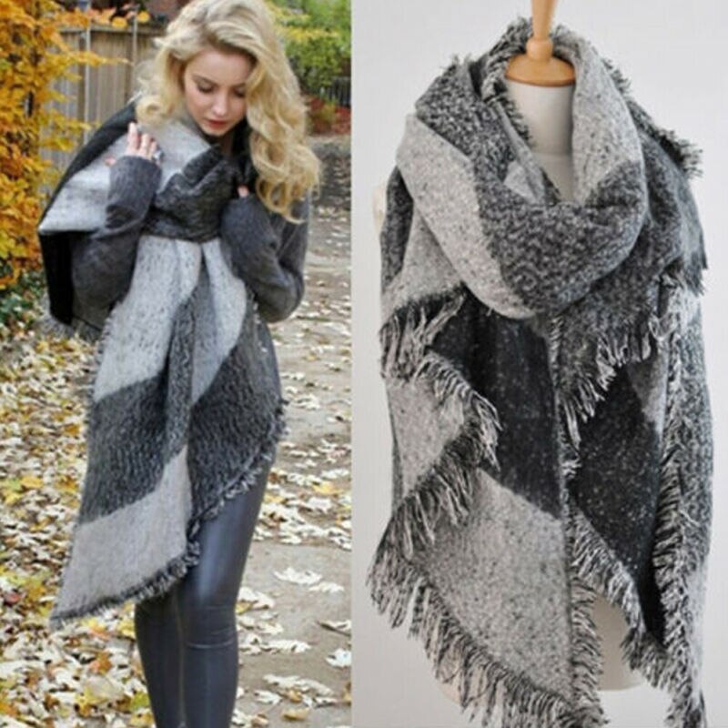 Winter Warm Large Scarves Women's Thick Long Cashmere Winter Wool Blend Soft Plaid Scarf Shawl Wrap Plaid Scarf