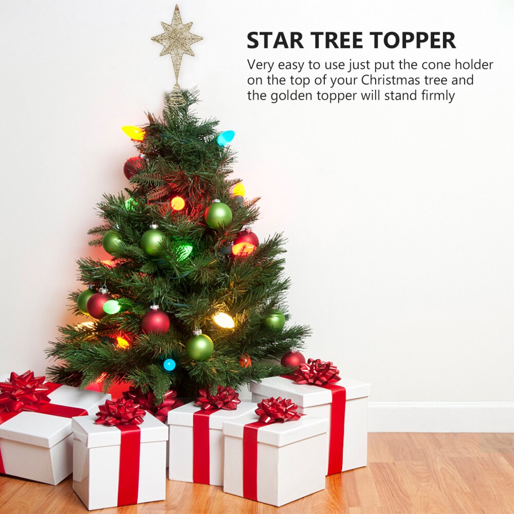 1Pc Christmas Eight Pointed Star Tree Topper Party Xmas Tree Ornament (Golden)