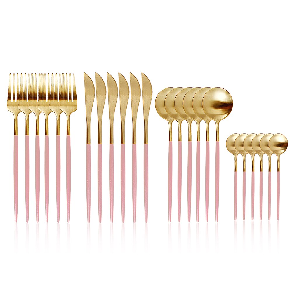 24pcs Gold Dinnerware Set Stainless Steel Tableware Set Knife Fork Spoon Silverware Set Safe Cutlery Set kitchen accessories: pink without box