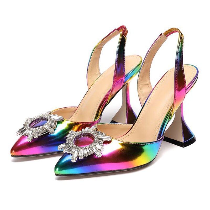 Regenboog Kleur Vrouwen Sandalen Elegante Spitse Neus Zon Stijl Strass Hoge Hakken Wieden Schoenen Spike Hak Slingback Pumps Sandalen