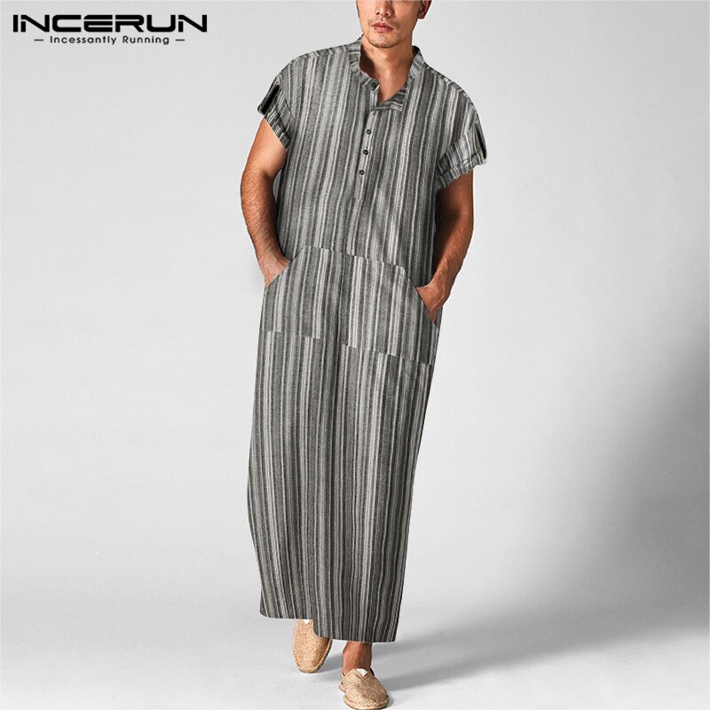 INCERUN Men Jubba Thobe Muslim Clothes Short Sleeve Striped Cotton Stand Collar Casual Robes Islamic Arabic Kaftan Abaya S-5XL