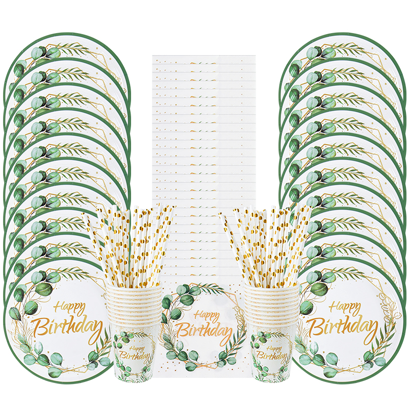Green Eucalyptus Leaf Disposable Tableware Set Paper Plate Cup Napkin Kids Adult Birthday Supplies Hawaiian Summer Party Decor