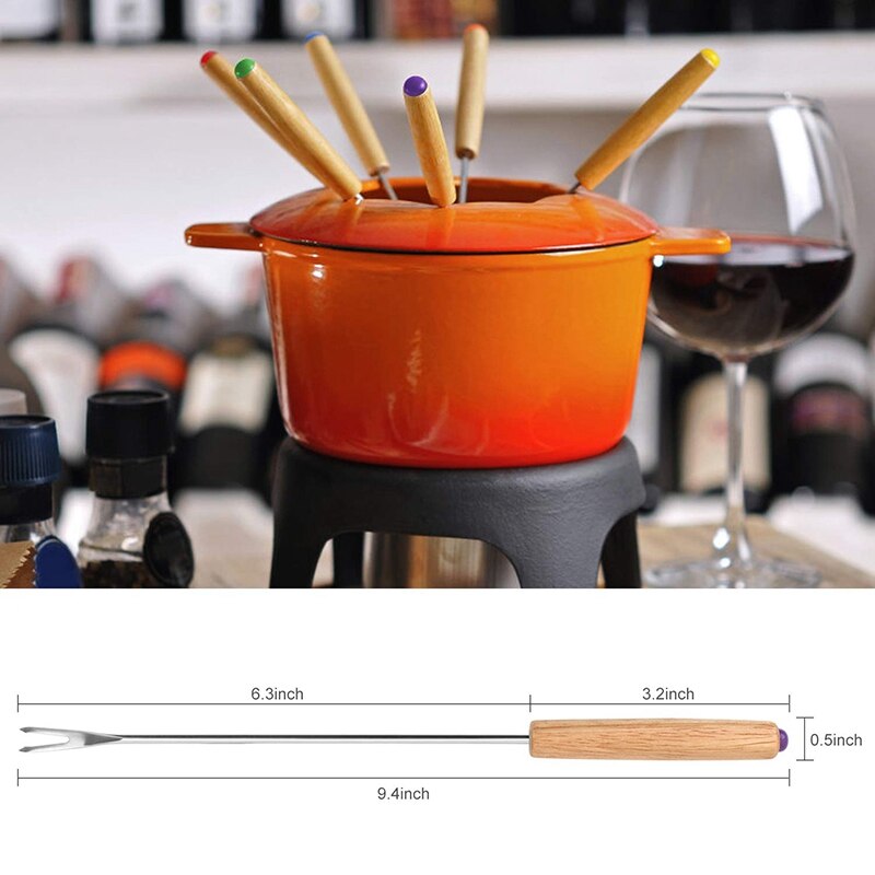 Stainless Steel Color Coding Chocolate Fountain Cheese Fondue Forks with Oak Wood Handle Heat Resistant, Skewers Marshmallow Roa