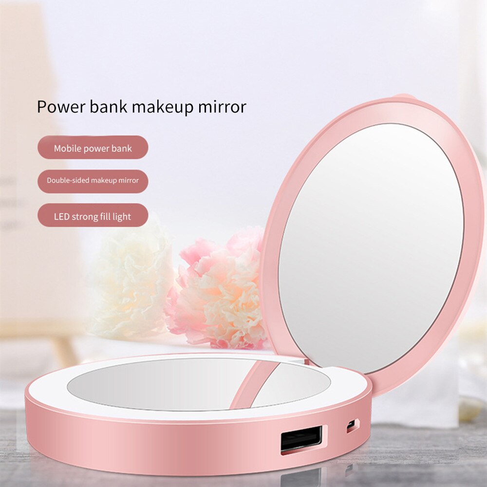 Mini portátil redondo HD maquillaje espejo Power Bank LED espejo de belleza plegable USB recargable viaje maquillaje herramientas cosméticos espejos