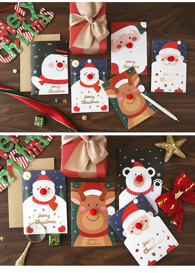 5pcs Merry Christmas Greeting Cards Envelope Kids Year Cartoon Xmas Party Decorations Postcard DIY Blessing Cards