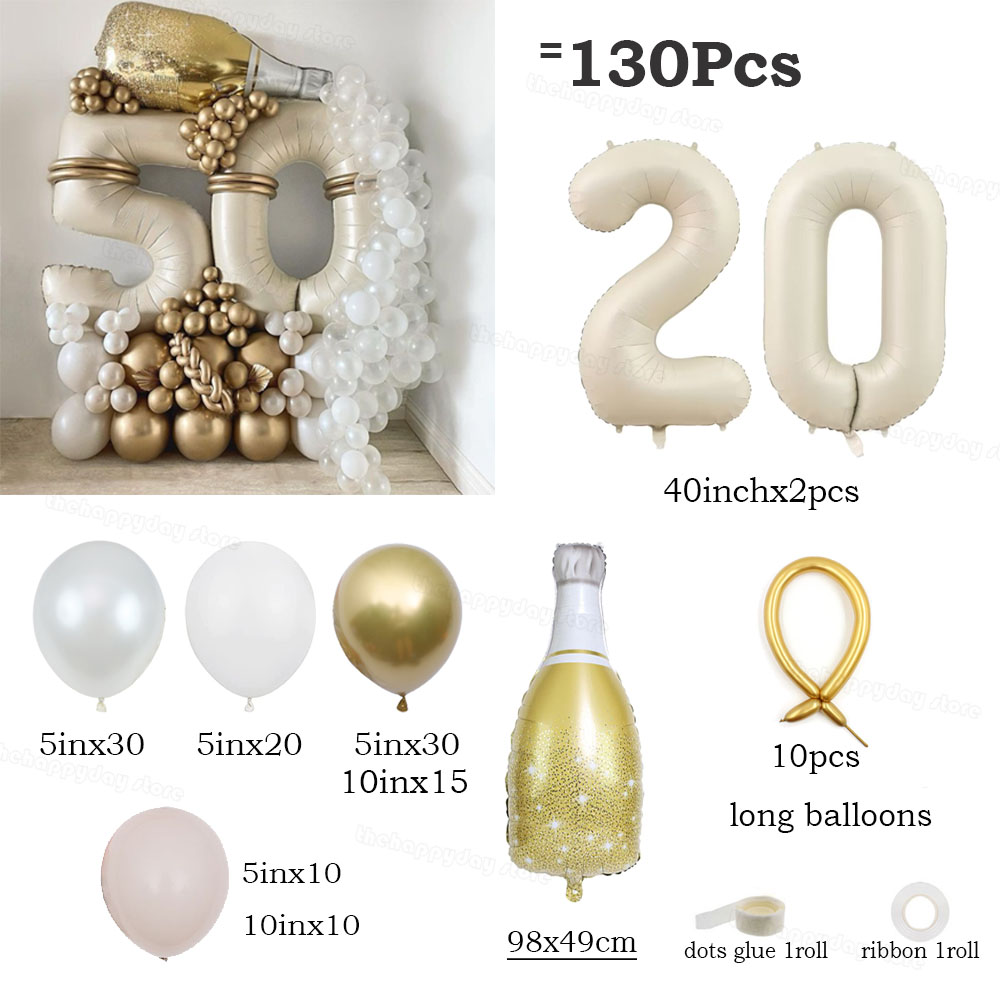 130 Uds. Juego de globos con números de oro blanco y arena crema, globos de aluminio con números de 40 pulgadas para decoraciones de de feliz 20 30 40 50 cumpleaños: AGATE