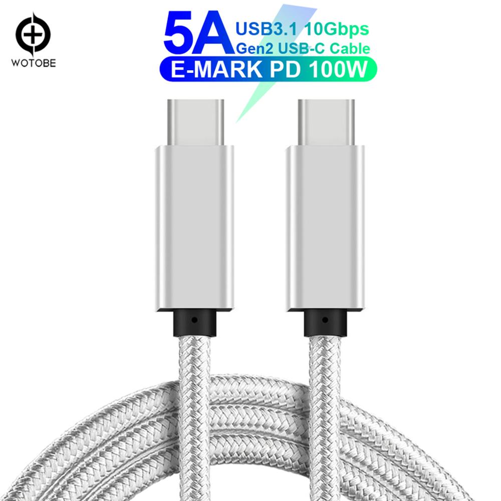 TYPE-C Volledige Functie USB C Kabel (2 m) e-MARK 5A PD 100W USB3.1 Gen2 10Gbps 4K Video Uitgangsvermogen Lijn voor Type-C Computer macBook: Silver / 2m