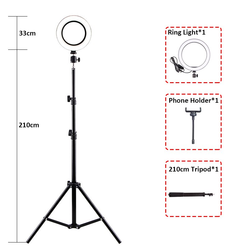 33cm Photography LED Selfie Ring Light Dimmable LED Ring Light Tripod Phone Video Light Lamp With 210cm Tripod Ring Fill Light: Dark Grey