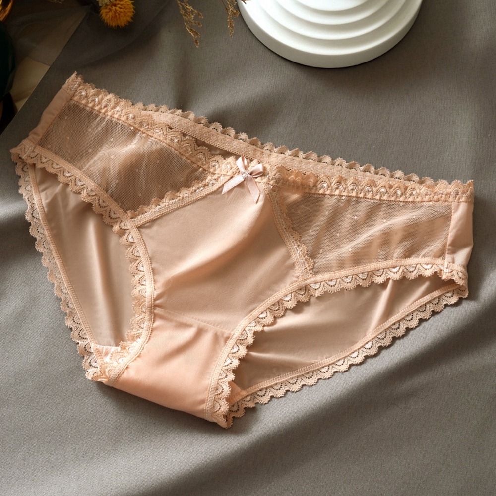 Women&#39;s Sexy Lace Underwear Panties Seamless Mid-low Waist Ultra-thin Panties Transparent Bow Ladies Panties Briefs: skin