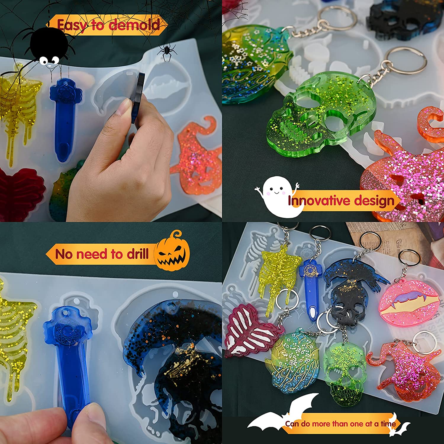 1pcs Halloween Keychain Molds Skull Resin Silicone Mold DIY Skeleton Necklace Pendant Crafts Polymer Clay Mold for Epoxy Resin