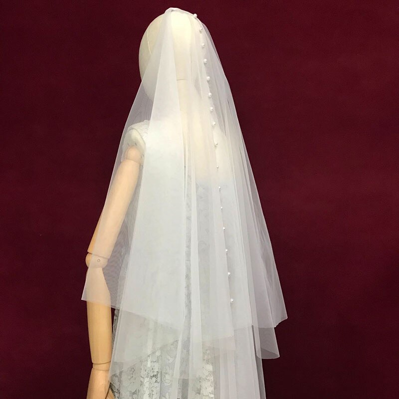 Korte Twee Lagen Wedding Veils Met Kam Parels Kralen Met Blusher Vintage Bruids Haar Accessoires