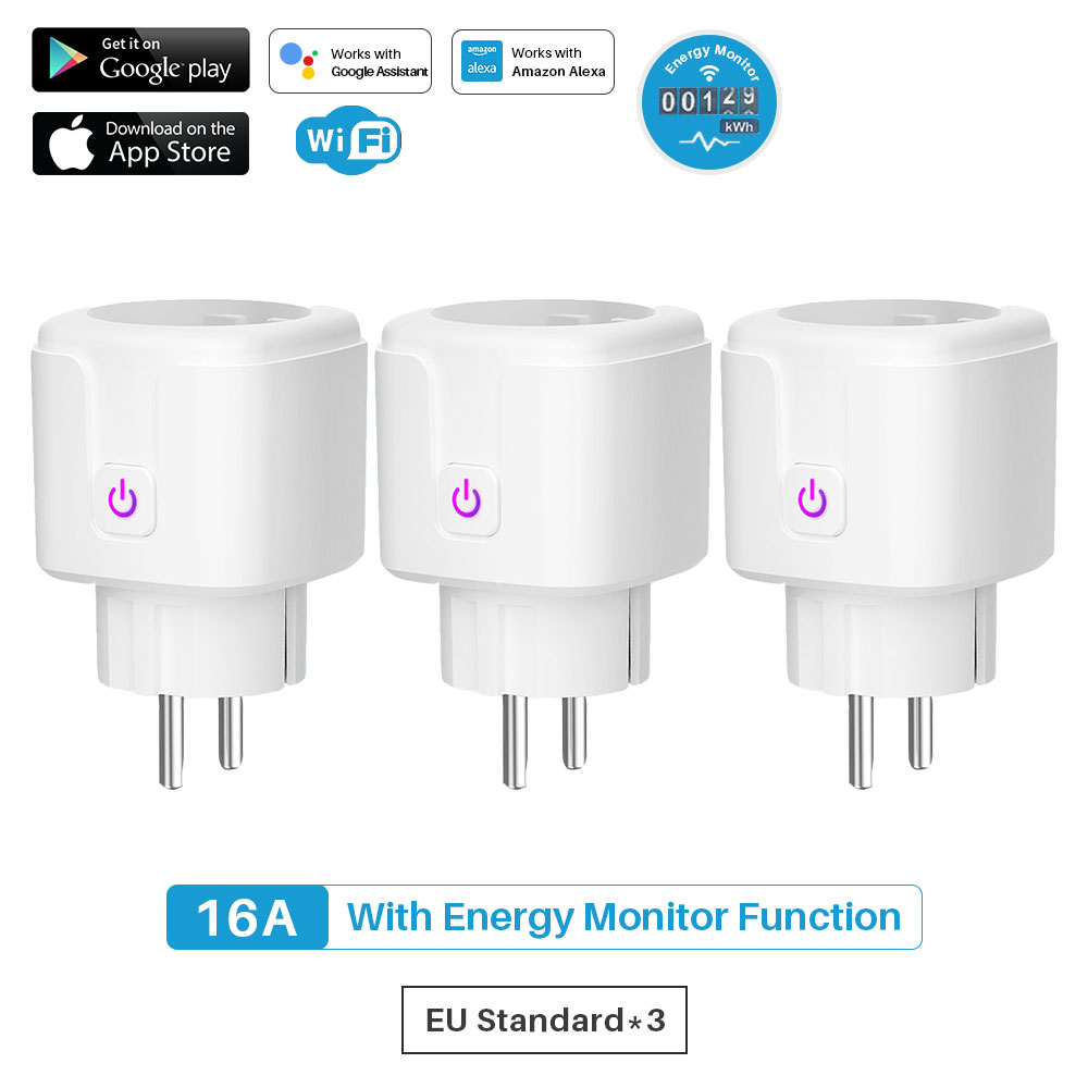 Tuya 16A Smart Plug Wifi Socket Eu Power Monitor Timing Functie Smart Leven App Afstandsbediening Werkt Met Alexa Google assistent: 3PCS