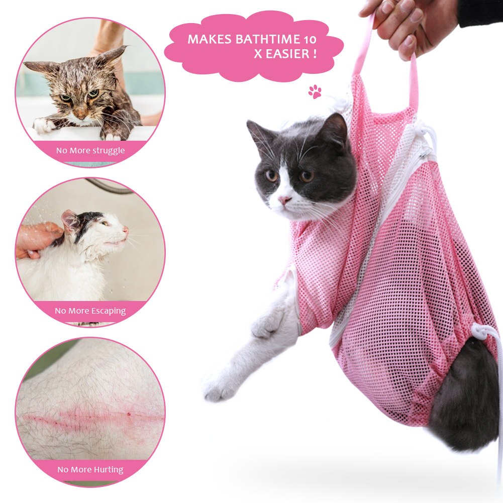 Cat Grooming Bath Bag Mesh Cat Supplies Washing Bags For Pet Bathing Nail Trimming Injecting Anti Scratch Bite Restraint: Pink