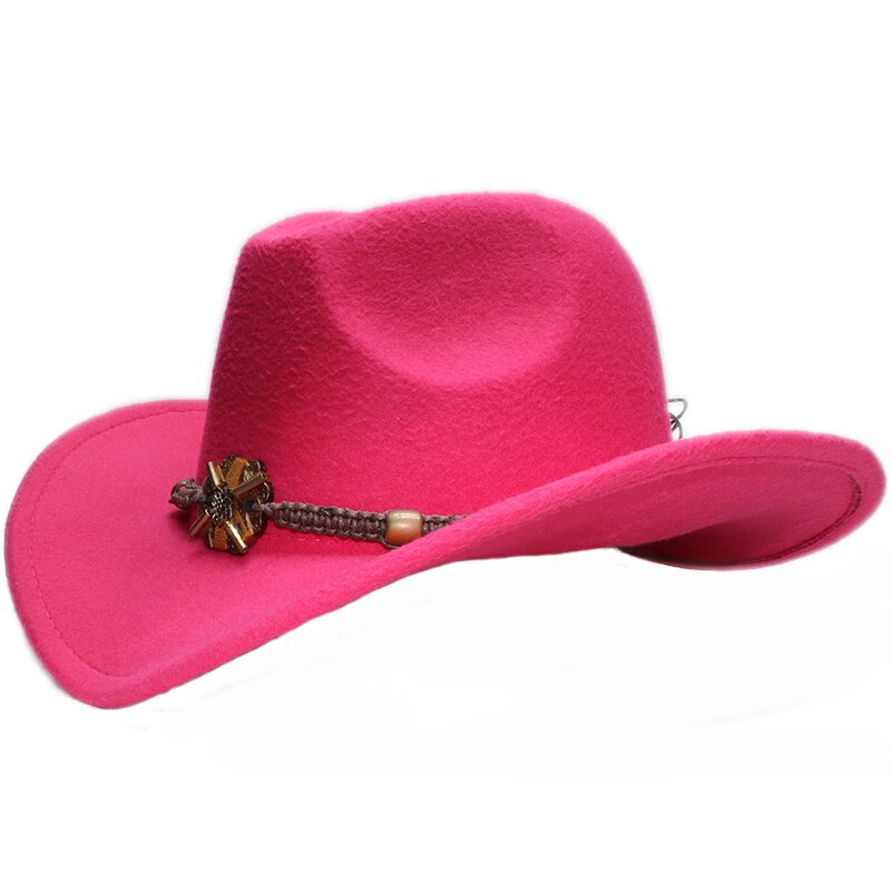 Sombrero de vaquero de ala ancha para hombre y mujer, gorro de lana de estilo Vintage, estilo occidental, Formal, con lazo, banda de cuentas de punto de madera, 61cm, talla grande: Rose