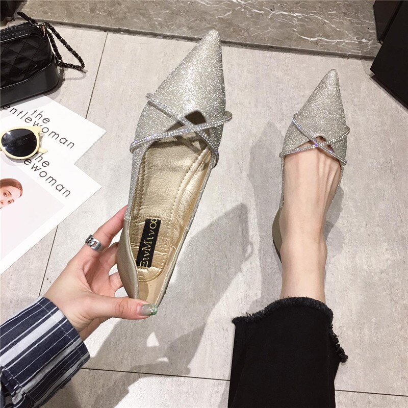 Glitter kristall spetsig tå slip on mockasiner ömma damer lata grunda lägenheter guld&silver fe skor kvinna bling bling loafers: Guld- / 5