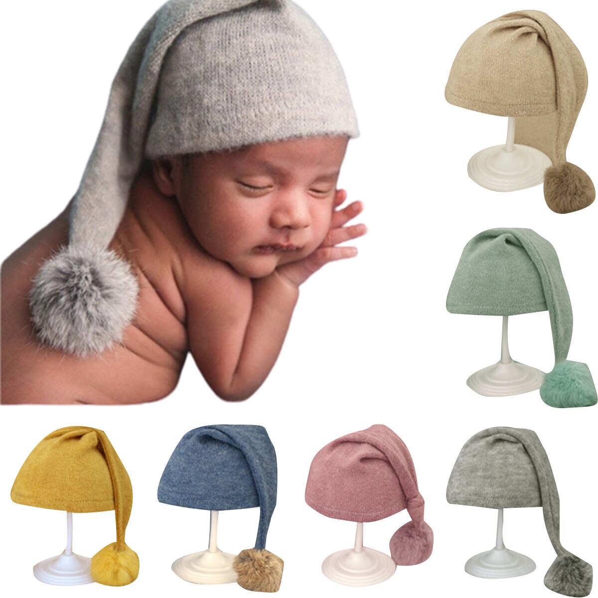 Unisex baby gebreide muts met lange staart schattige handgeweven gebreide muts fotografie rekwisieten voor jongens meisjes