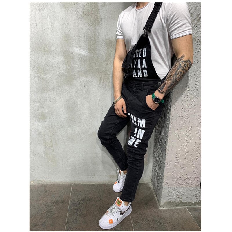 Overalls heren hiphop bretels jeans bib broek denim gescheurde jeans blauw skinny destroyed destroyed holes broek