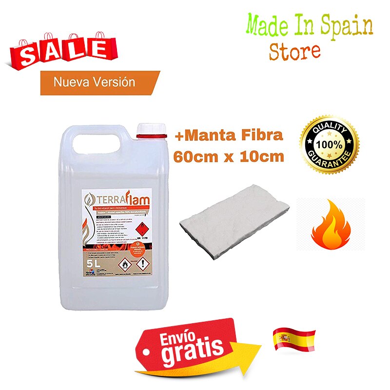 Bioetanol 5Litros + 60cm x10cm Manta Fibra Bioetanol Terraflam para lámparas y chimeneas transparente Combustión