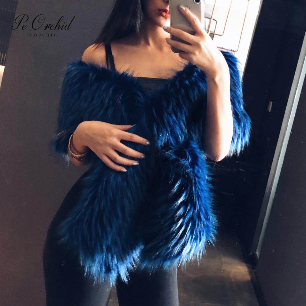PEORCHID Blue Faux Fur Wedding Shrug Bolero Bridal Shawls And Wraps Stola Elegante Donna Red Women Party Winter Wedding Cape