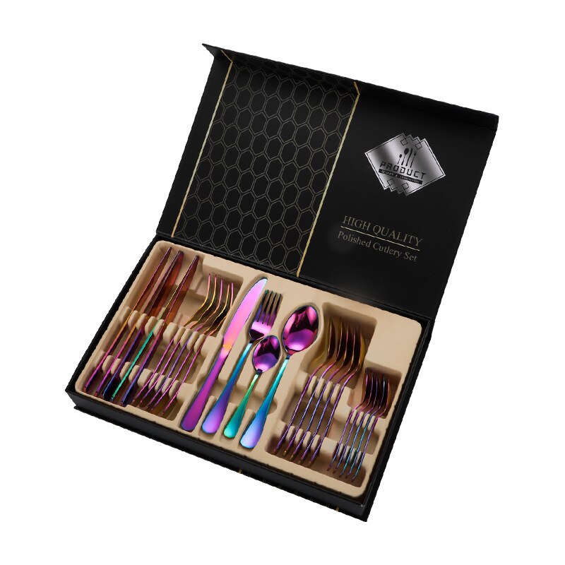 24PCS Western Kitchen Dinnerware Stainless Steel Cutlery Steak Knives Forks Dessert Spoon Tableware Set Box Party Wedding: 24PC Rainbow Box