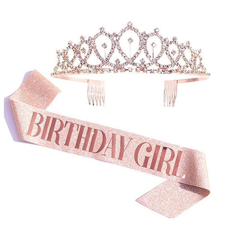 Bling Rhinestone Crystal Crown Tiara Birthday Anniversary Decoration Happy 18 21 30 40 50th Birthday Satin Sash Party Supplies: RGA