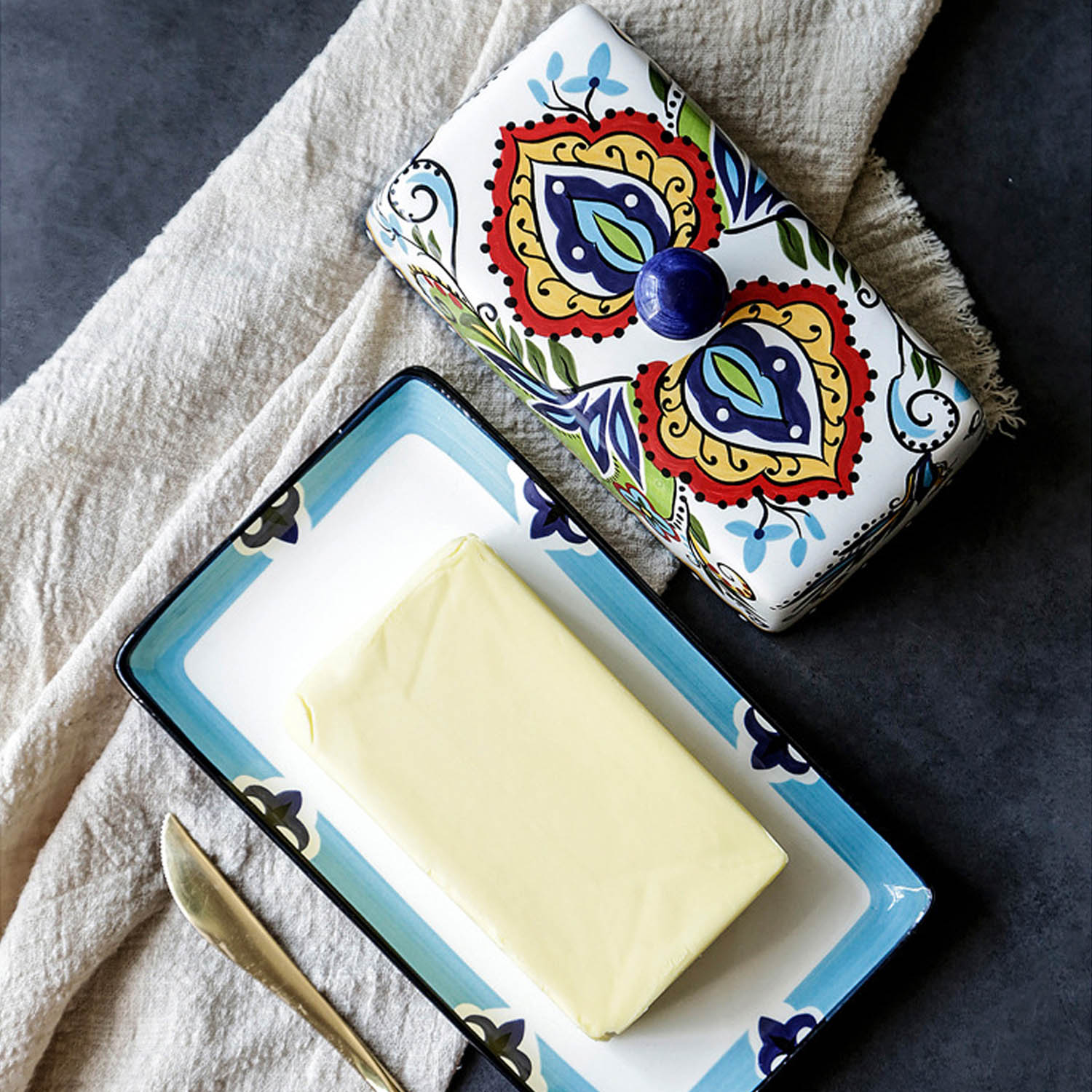 Behogar Botervloot Vintage Bloemen Keramische Kaas Dessert Dienblad Plaat Houder Met Deksel Voor Thuis Keuken Accessoire