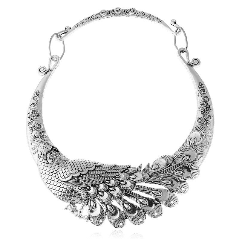 Etnisk stil udskåret påfugl choker halskæde til kvinder vintage metal chocker statement halskæde collares collier femme