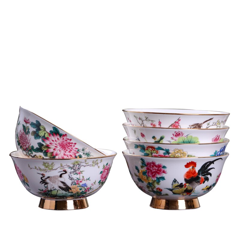 Jingdezhen Ceramic Antique Bowl Tableware Household Bowl Noodles Bowl Gold Painted Large Rice Bowl Soup Bowl High Foot Bowl